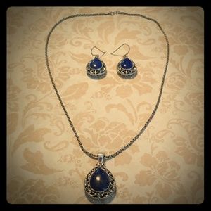 Silver & blue necklace and earrings set